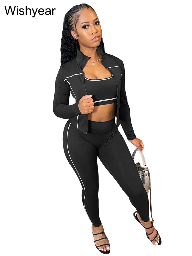 Sports Women's Stripe Pink 3-Piece Pants Set Long Sleeve Crop Top Tank Leggings Skinny Autumn Active Fitness Streetwear Outfits