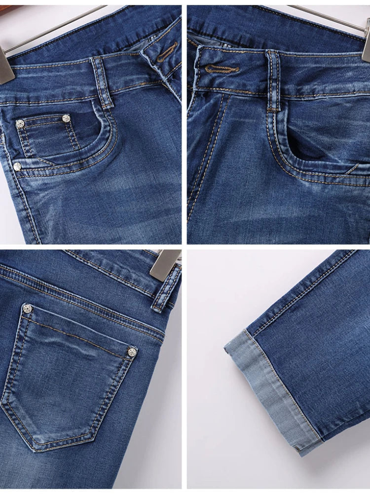 Knee Length Jeans female Elastic High Waist Mom Jeans Oversize