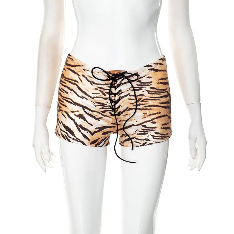 HLJ&GG Fashion American Vintage Style Pattern Print Two Piece Sets Women O Neck Sleeveless Top And Tiger Bandage Shorts Outfits