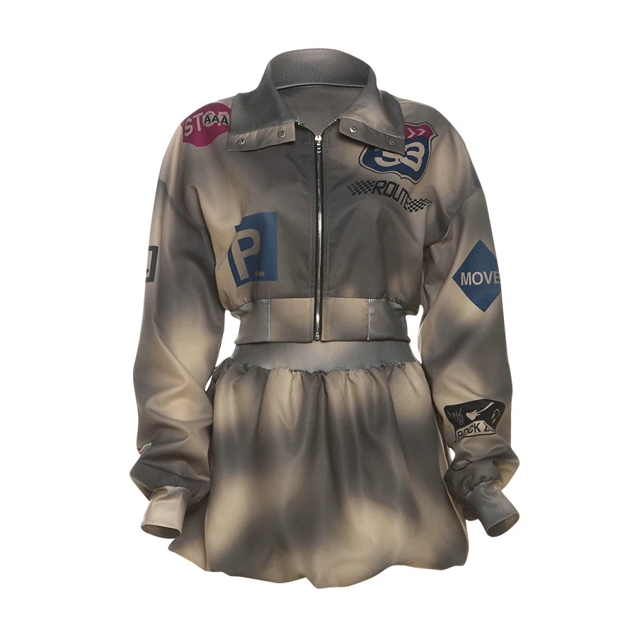 Weird Puss Tie-Dye 2 Piece Set Tracksuit Women Letter Print Zip Jacket+Waistband Puffy Skirt Matching Street Casual Vintage Suit