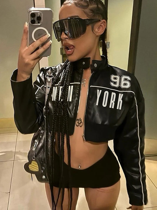 Weird Puss PU Jacket Women Letter Print Patchwork Uniform Hipster Button Zip Trend Sporty Street Varsity Casual Fall Crop Coat