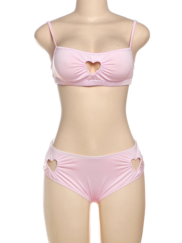 Weird Puss Heart Hollow 2 Piece Set Women Simple Vacation Camisole+Panties Beach Style Matching Stretch Street Comfortable Suit