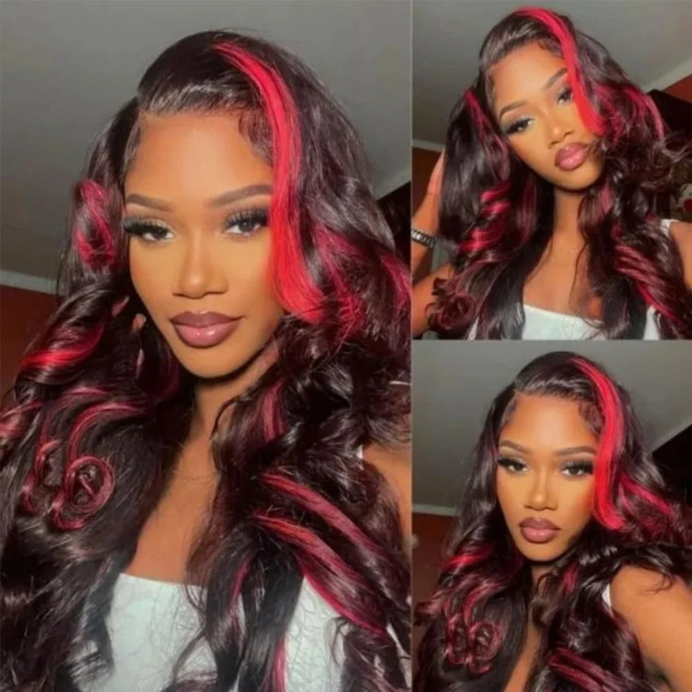 1B/99J Omber Black With Red 5x5 Highlight Lace Front Closure Body Wave Glueless Wigs Human Hair Brazilian Burgundy Colored Wigs