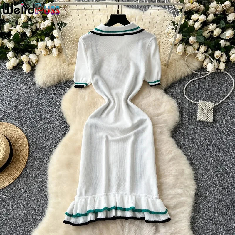 Weird Puss Contrast Stripe Dress Women Knitted Polo-Neck Short Sleeve Ruffles Stretch Hem  Casual Trend Streetwear Mini Bodycon