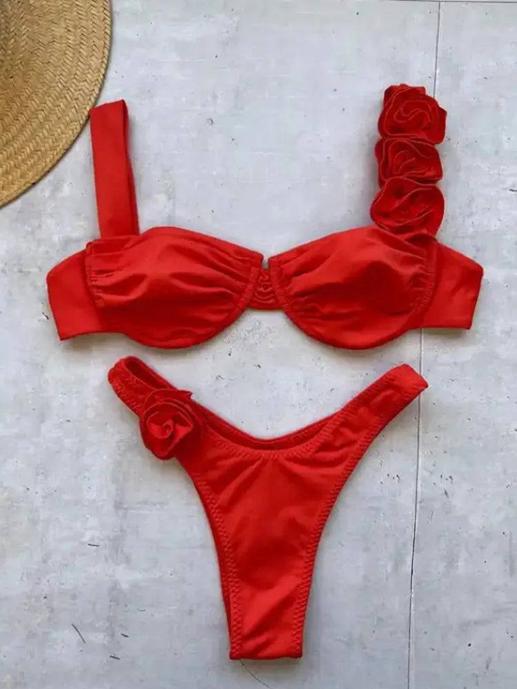 Sexy Solid Backless Floral Bikini  Set Women Split Swimsuit High Waist Beach Bikini 2025 New Summer Swimwea Bikinis Set