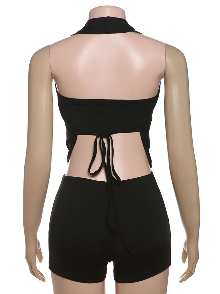Weird Puss Sexy 2Piece Set Irregular Metal Rings Tube Tops+Bandage Halter Backless Swing Collar Playsuit Midnight Matching Suit