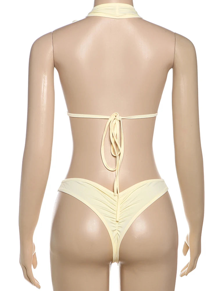Weird Puss Beach Vacation Bathing suit, Women Pearl 3d Flowers Sexy Backless Swimwear