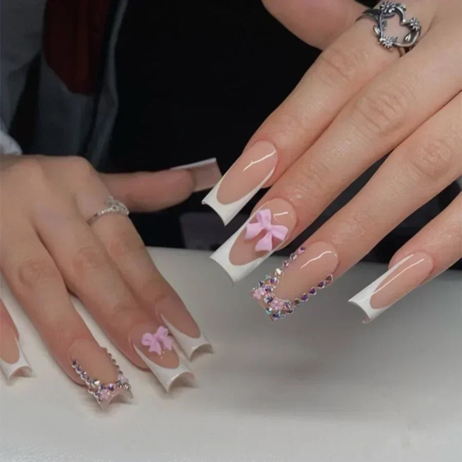 24Pcs Shimmery Long Coffin False Nails with Glue Ballerina Nail Design Sweet Fashion French Press on Acrylic Nails Tips