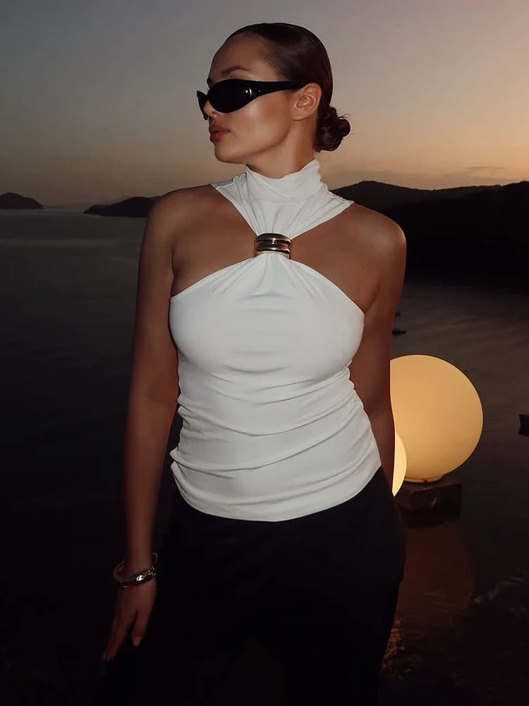 Weird Puss Metal Knot Tank Tops Women 2025 Summer Solid Pleated Sleeveless Stretch Simple Basic Streetwear Skinny Casual Vest