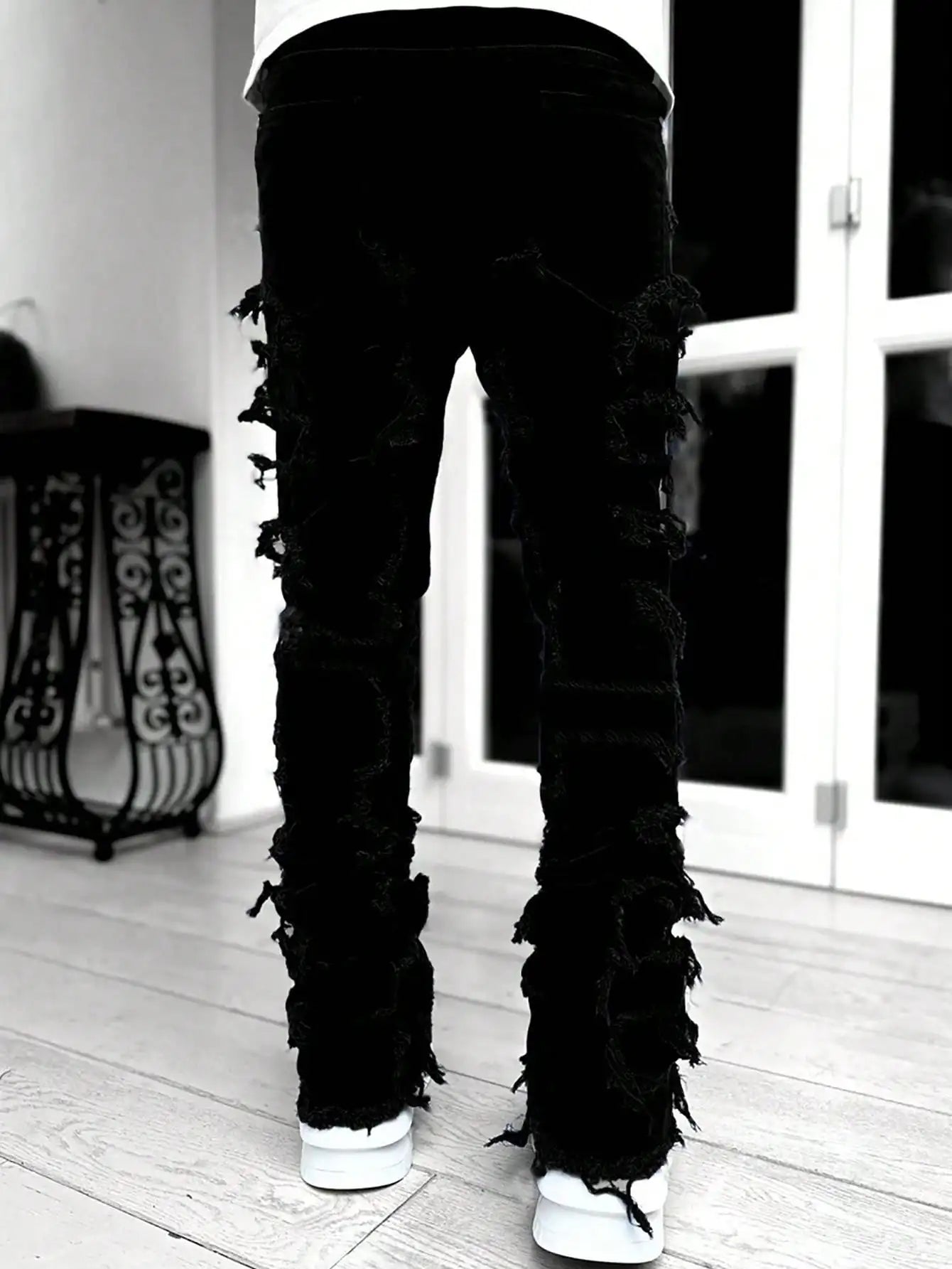Y2k hip-hop style fringed jeans, men's casual street style stretch jeans