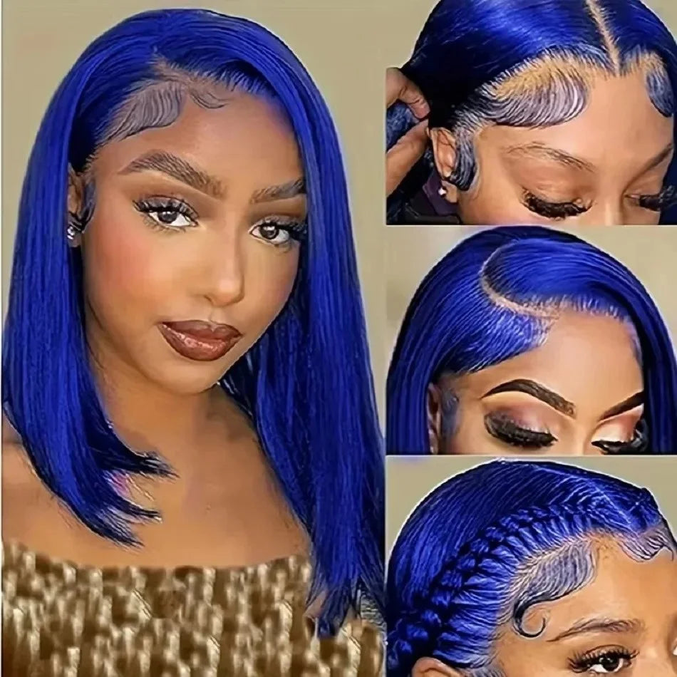 13x4 Nave Blue Bob Wig Colored Lace Front Human Hair Wigs Short Bob Wig Dark Blue Bone Straight Lace Frontal Wig 100% Human Hair