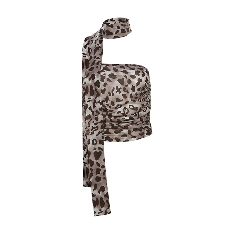 Weird Puss Leopard Print Crop Tops Woman Summer Strapless Ruffles Scarf Collar Trend Sexy Party Wild Chic Clubwear Skinny Vest