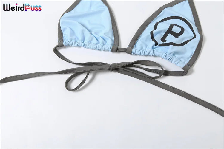 Weird Puss Letter Print 3Piece Set Women Sexy Summer Beach Vacation Bra+Bandage Briefs+Skirts Hipster Midnight Matching Clubwear