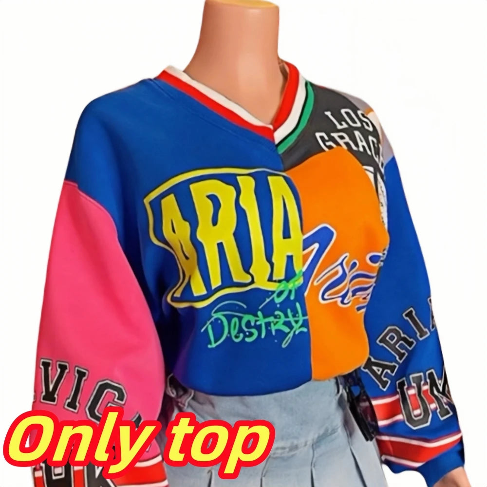 HLJ&GG Fashion Letter Graffiti Print Pullover Two Piece Sets Women V Neck Long Sleeve Loose Top + Pleated Mini Skirts Streetwear