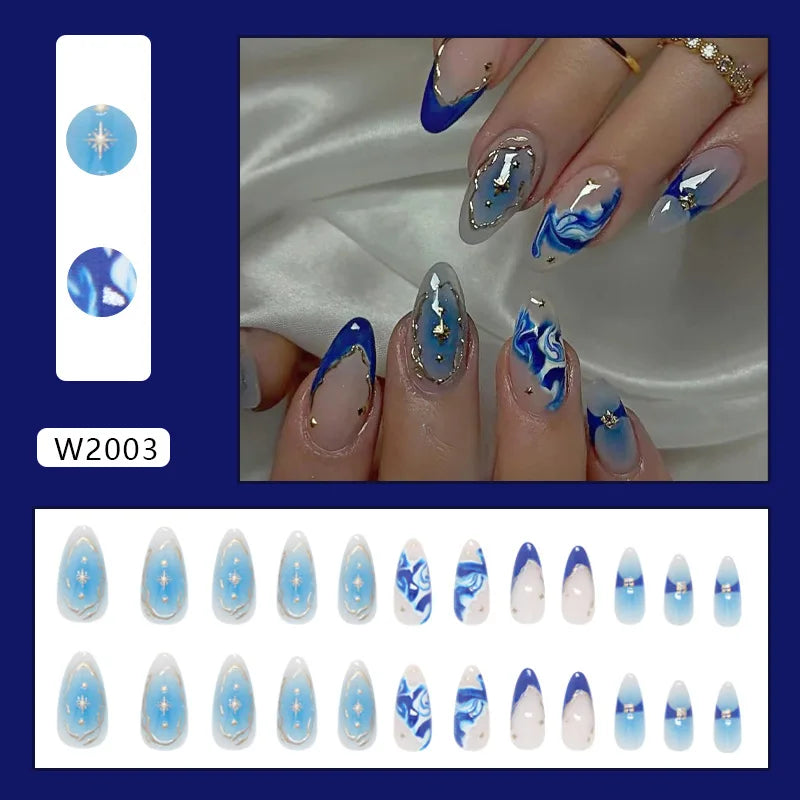 24pcs White Flower Fake Nail Tips Ins Yellow Pink Blush False Nails Wearable Full Cover European Almond Shaped Press on Nails