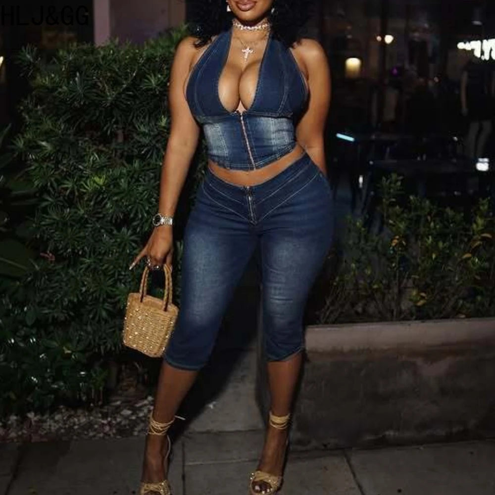 Blue Fashion jeans Halter Two Piece Sets Women Sleeveless, Backless Slim Crop Top And Skinny Jean Pants Outfits Streetwear