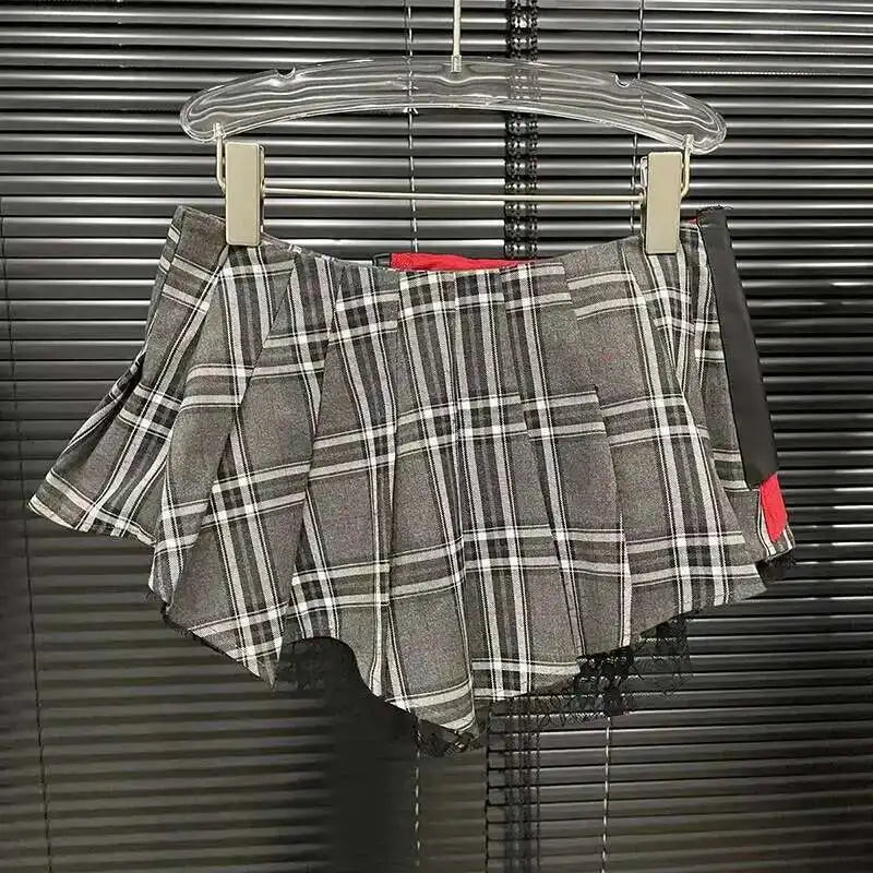 DEAT 2025 Summer New Patchwork Plaid Irregular Pleated Mini Skirt, Zipper Pockets Lace Design Skirts 29L7565