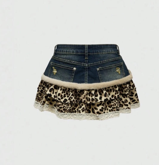 Harajuku Subculture jeans Leopard Print Splicing Y2k Skirt Kawaii Gothic Mini Pleated Skirt Casual Retro Streetwear Skirts Women