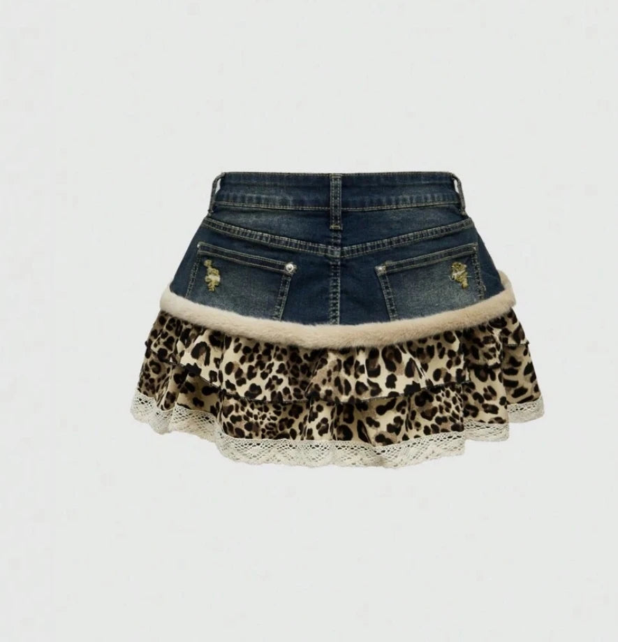 Harajuku Subculture jeans  Leopard Print Splicing Y2k Skirt Kawaii Gothic Mini Pleated Skirt Casual Retro Streetwear Skirts Women