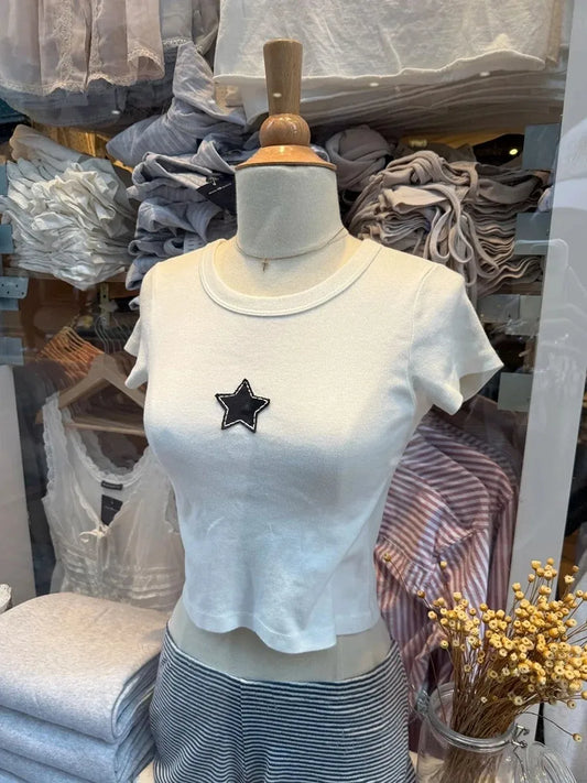 Sweet Star Appliques Slim Crop Top ladies Round Neck Y2K Tops