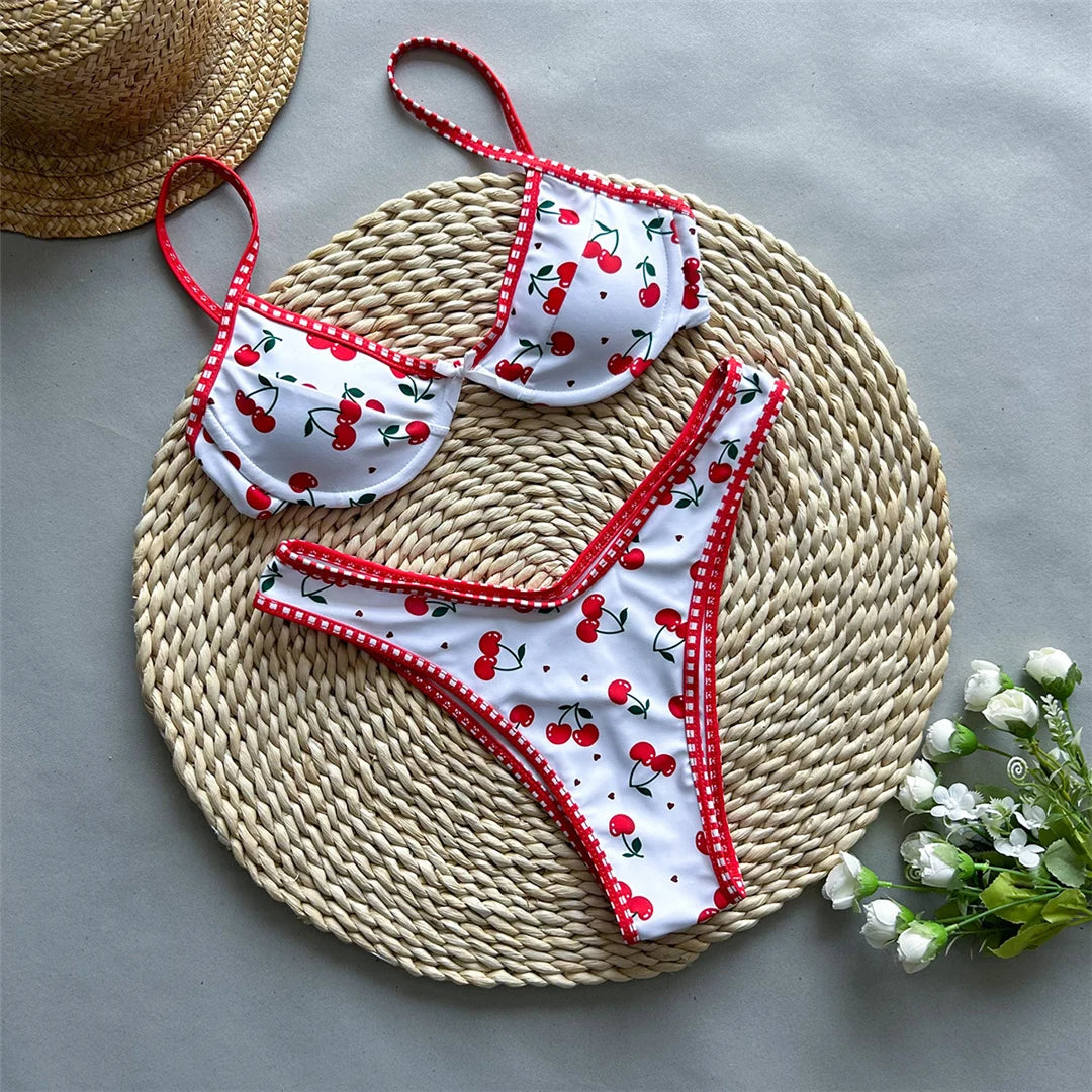 Cherry Printed Underwired Brazilian Bikini, Swimwear,  Swimsuit Two-pieces Bikini set Bather Bathing Suit Swim K5913