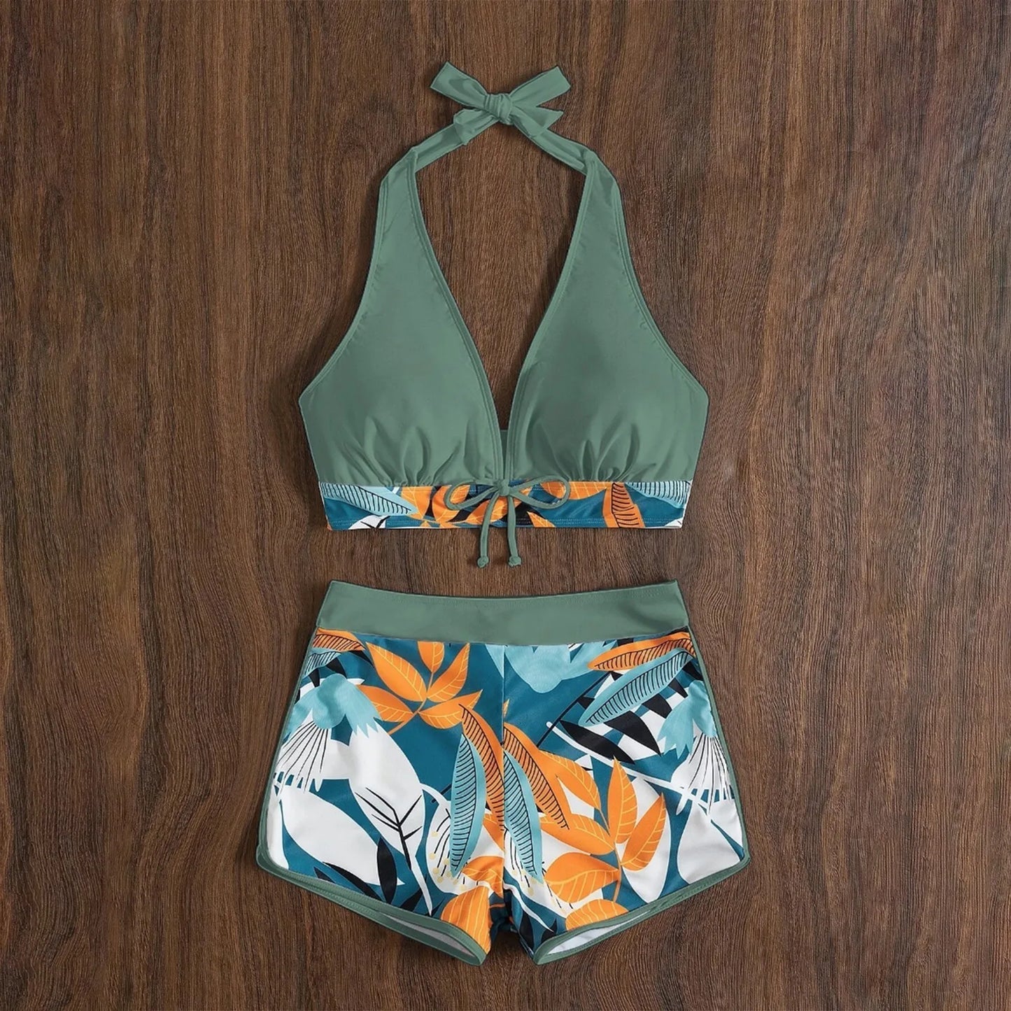 Shorts Bikinis Set  High Waist Swimsuit Women Swimwear  Plant Print Bathers Bathing Swim Suit Beachwear