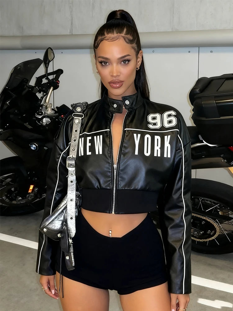 Weird Puss PU Jacket Women Letter Print Patchwork Uniform Hipster Button Zip Trend Sporty Street Varsity Casual Fall Crop Coat