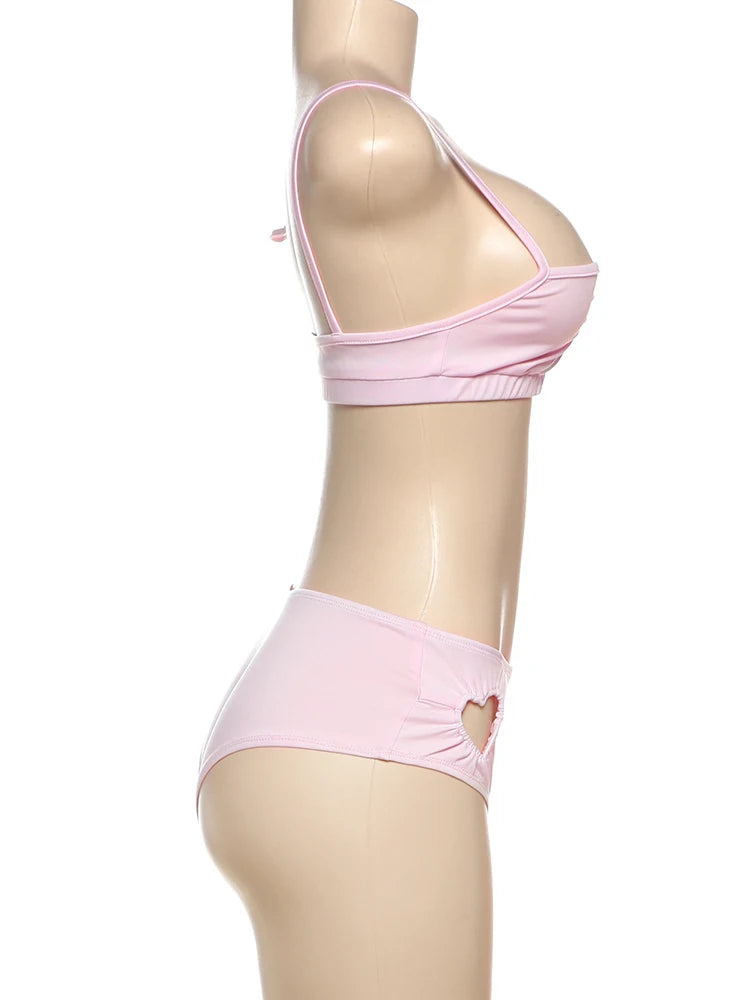 Weird Puss Heart Hollow 2 Piece Set Women Simple Vacation Camisole+Panties Beach Style Matching Stretch Street Comfortable Suit