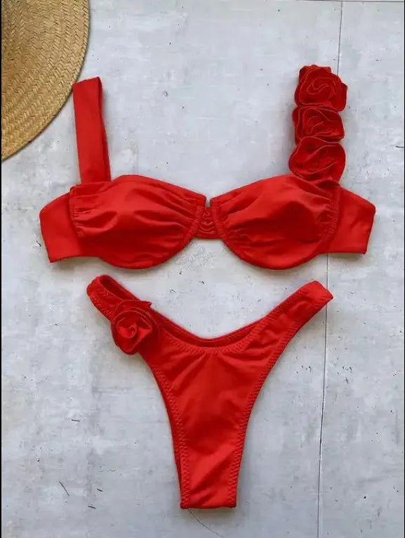 Sexy Solid Backless Floral Bikini  Set Women Split Swimsuit High Waist Beach Bikini 2025 New Summer Swimwea Bikinis Set