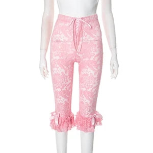 Lace Knee Length Pants, Summer Women Midi Waist Hollow Out Sexy Club Party See Through Leggings Pants