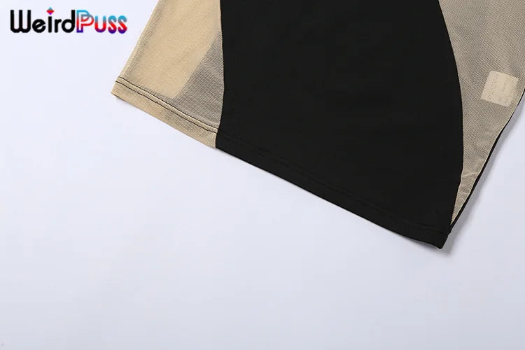 Weird Puss 2022 Mesh Patchwork Sexy Dress Women Sleeveless One Shoulder Skinny Summer Vacation Birthday Party Clubwear Bodycon