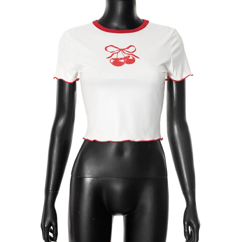 STYLISH LADY Cherry Printed Crop Tops 2025 Summer Women Short Sleeve O Neck Slim Ribbed Contrast Color Casual Street T Shirts