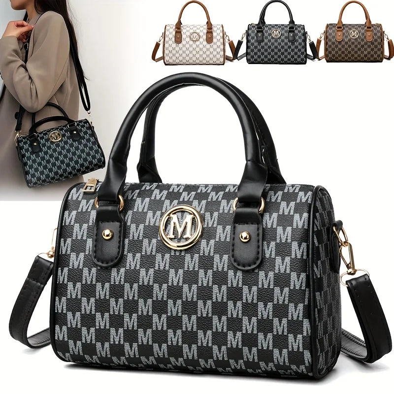 Women's Small Shoulder Crossbody Bag with Golden "M" Design, Synthetic Faux Leather Purse for Work, Travel, Parties & Gifts