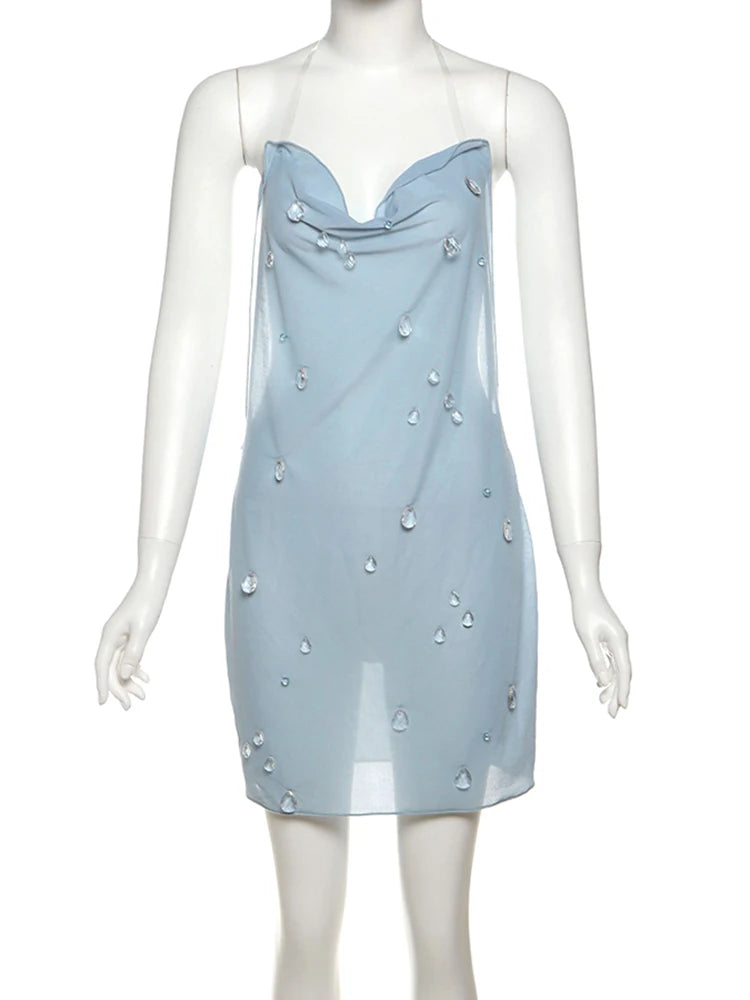 Weird Puss Small Raindrops Decoration Dress Women Halter Low-Neck Sexy See Through Backless Hottie Street Hipster Mini Bodycon