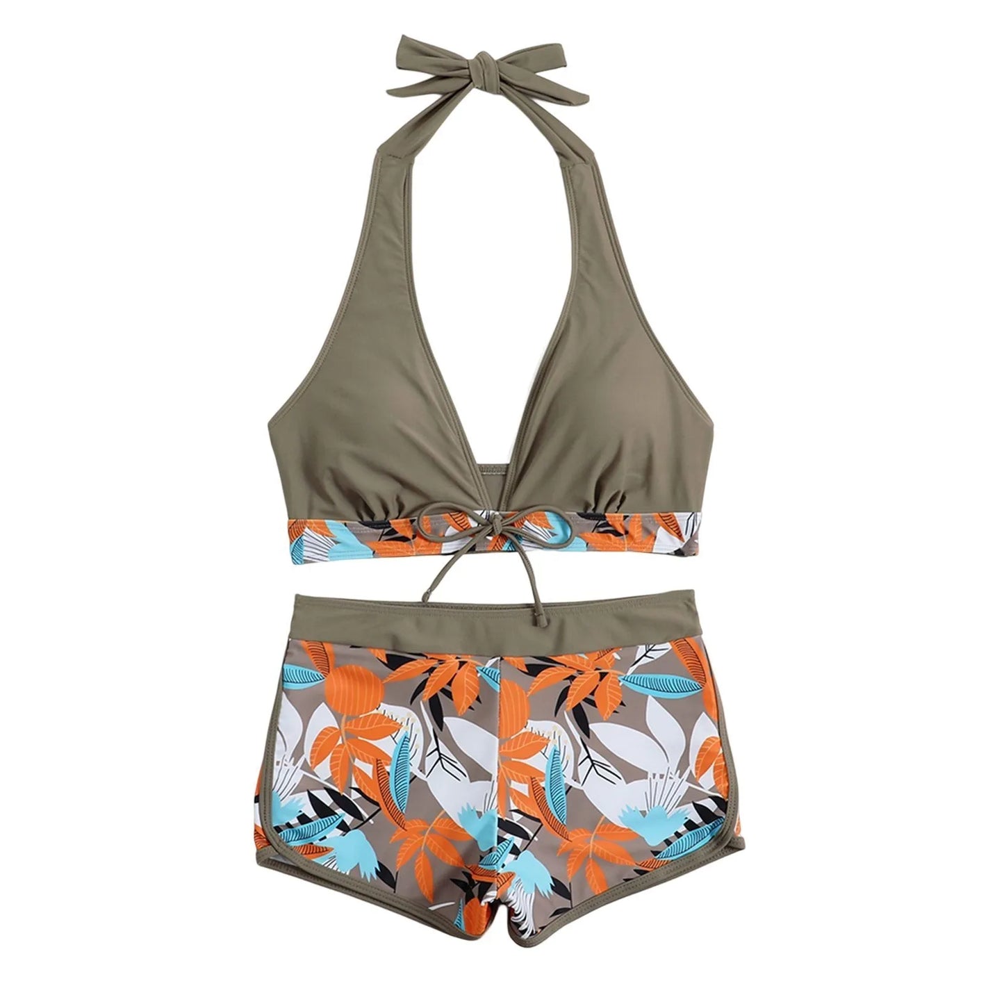Shorts Bikinis Set  High Waist Swimsuit Women Swimwear  Plant Print Bathers Bathing Swim Suit Beachwear