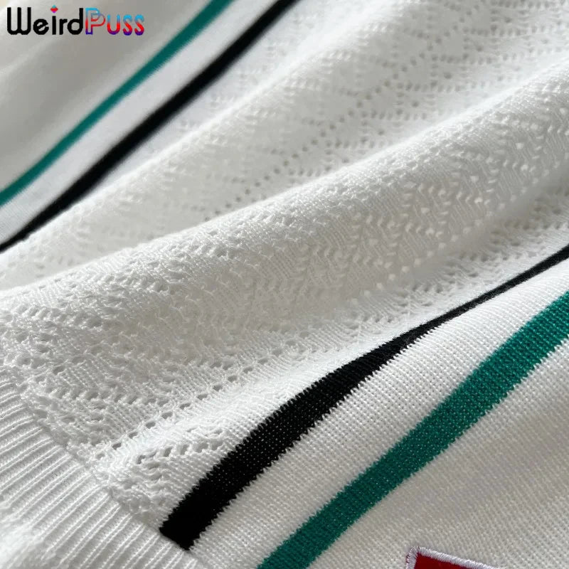 Weird Puss Contrast Stripe Dress Women Knitted Polo-Neck Short Sleeve Ruffles Stretch Hem  Casual Trend Streetwear Mini Bodycon