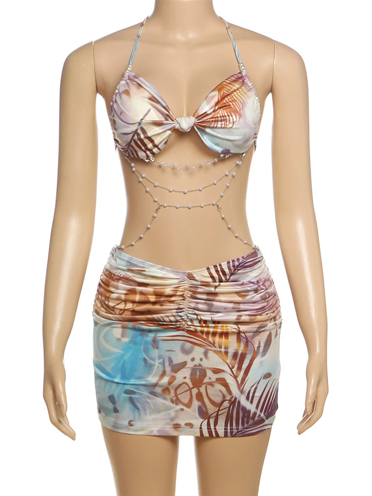Weird Puss Backless Women Dress Pearl Chains Knot Wrap Summer Tie Dye Print Halter Bandage Backless Skinny Party Mini Bodycon