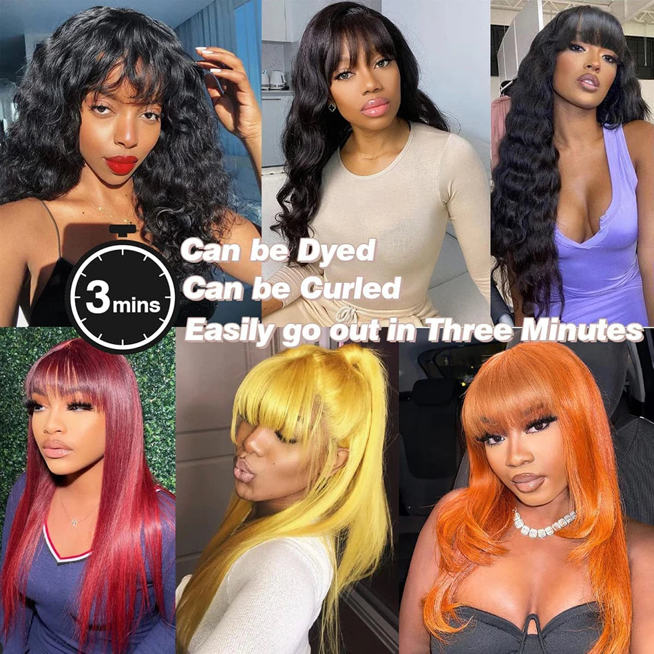 Wiggogo 3X1 Middle Part Lace Wig Bone Straight Human Hair Wig With Bangs Full Machine Made Straight Human Hair Wigs For Women