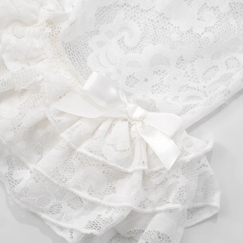 HLJ&GG Red Y2K Letter Lace Splicing Bandage Two Piece Sets Women Off Shoulder Hollow Crop Top And Skinny Ruffle Shorts Outfits