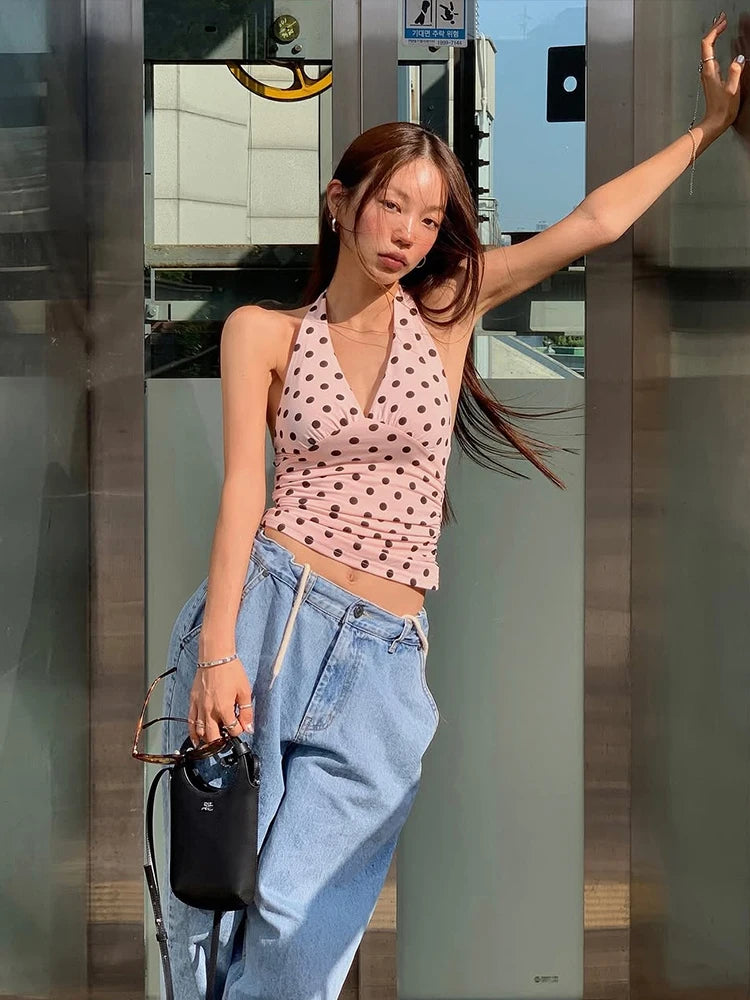 weird Puss Halter v-Neck Vest Women Y2K Lace-Up Backless Polka Dot Print  Skinny Summer Fashion Daily Street Basic Tank Tops