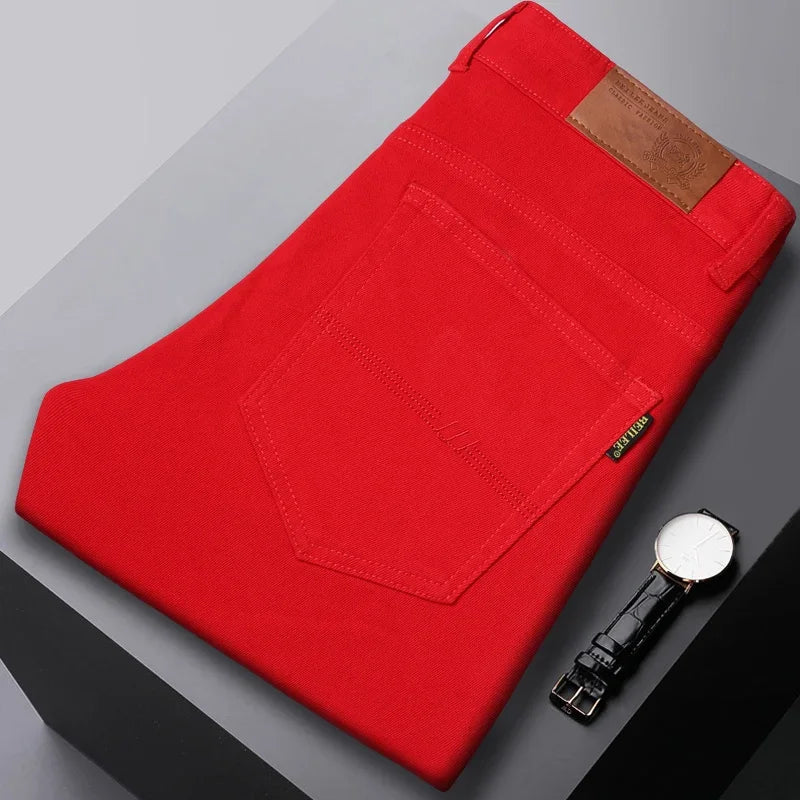 White Yellow Pink fashion 5 Color Men's Cotton Casual Pants Jeans Slim Straight Solid Color Business Trousers Four Seasons Brand