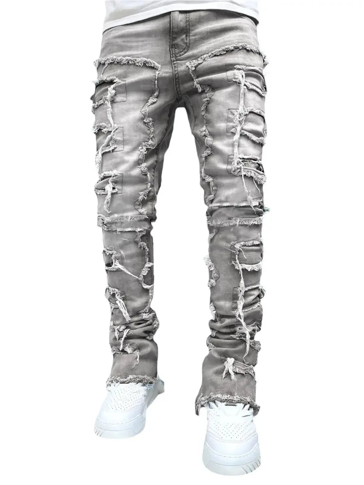 Denim Regular Fit Stacked Jeans Ripped Slim Fit Patch Distressed Destroyed Straight Denim Pants Hip Hop Streetwear Trouser Cloth