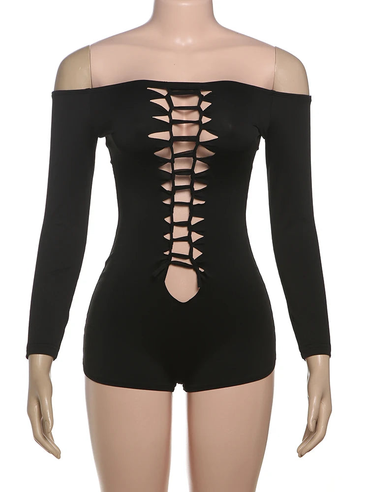 Weird Puss Hollow Knot Playsuit Women Slash Neck Summer Sexy Exposed Coquette Skinny Hottie Midnight Club Party Stretch Romper