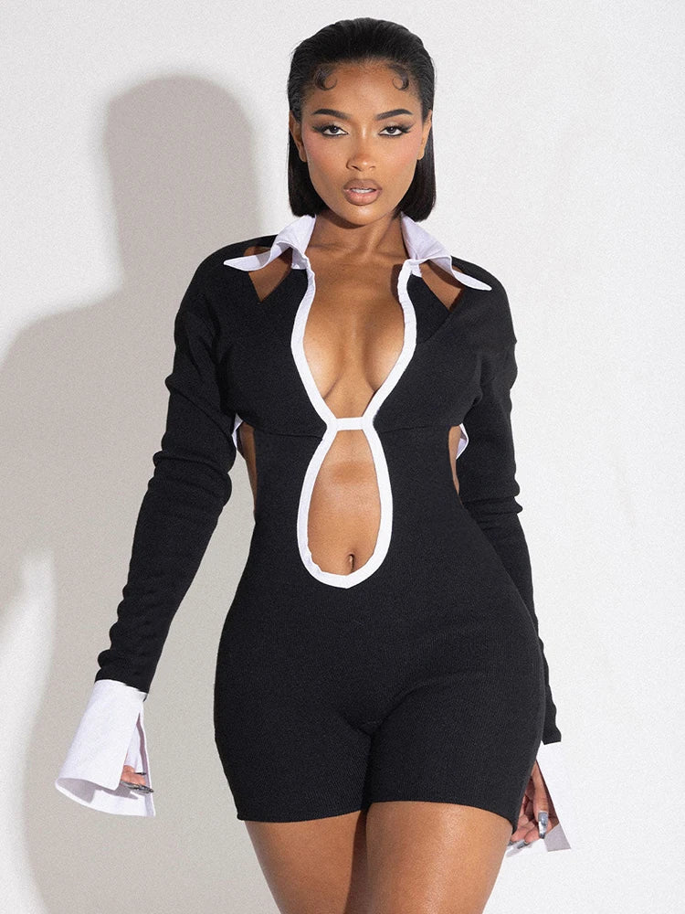 Weird Puss Hollow Backless Women Playsuits Bandage Polo Neck Full Sleeve Skinny Contrast Color Hipster High Street Sexy Romper