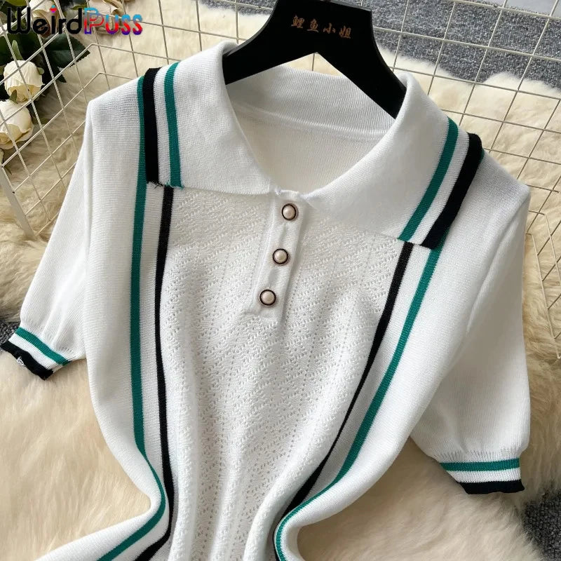 Weird Puss Contrast Stripe Dress Women Knitted Polo-Neck Short Sleeve Ruffles Stretch Hem  Casual Trend Streetwear Mini Bodycon