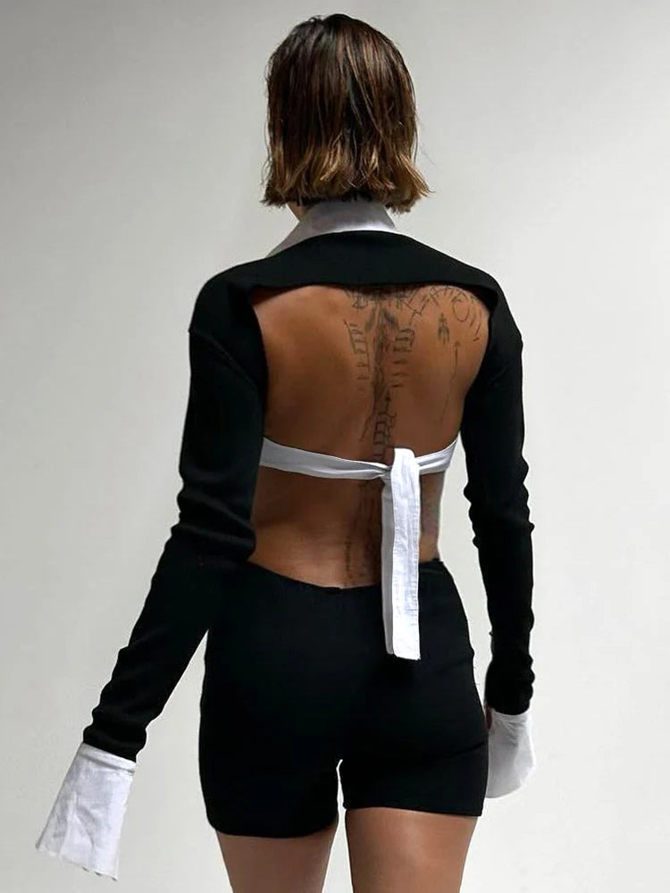 Weird Puss Hollow Backless Women Playsuits Bandage Polo Neck Full Sleeve Skinny Contrast Color Hipster High Street Sexy Romper