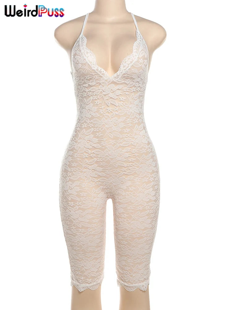 Weird Puss Coquette Playsuit Women Mesh Midnight Backless Sleeveless v-Neck Sexy Summer Hipster Skinny Fitness Stretch Romper