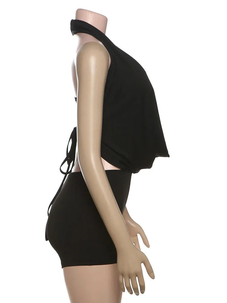 Weird Puss Sexy 2Piece Set Irregular Metal Rings Tube Tops+Bandage Halter Backless Swing Collar Playsuit Midnight Matching Suit