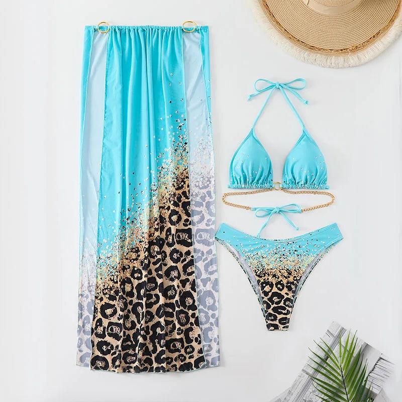 New Sexy Print Halter Swimwear,  Swimsuit Three-pieces Bikini Set Bather Bathing Suit Swim Lady