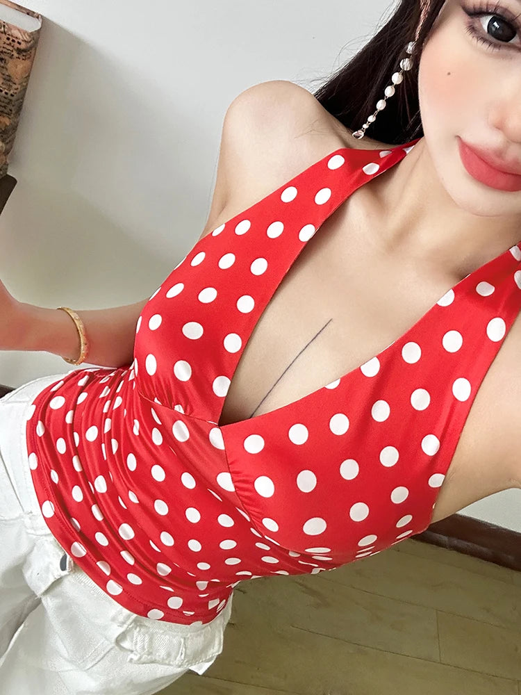 weird Puss Halter v-Neck Vest Women Y2K Lace-Up Backless Polka Dot Print  Skinny Summer Fashion Daily Street Basic Tank Tops